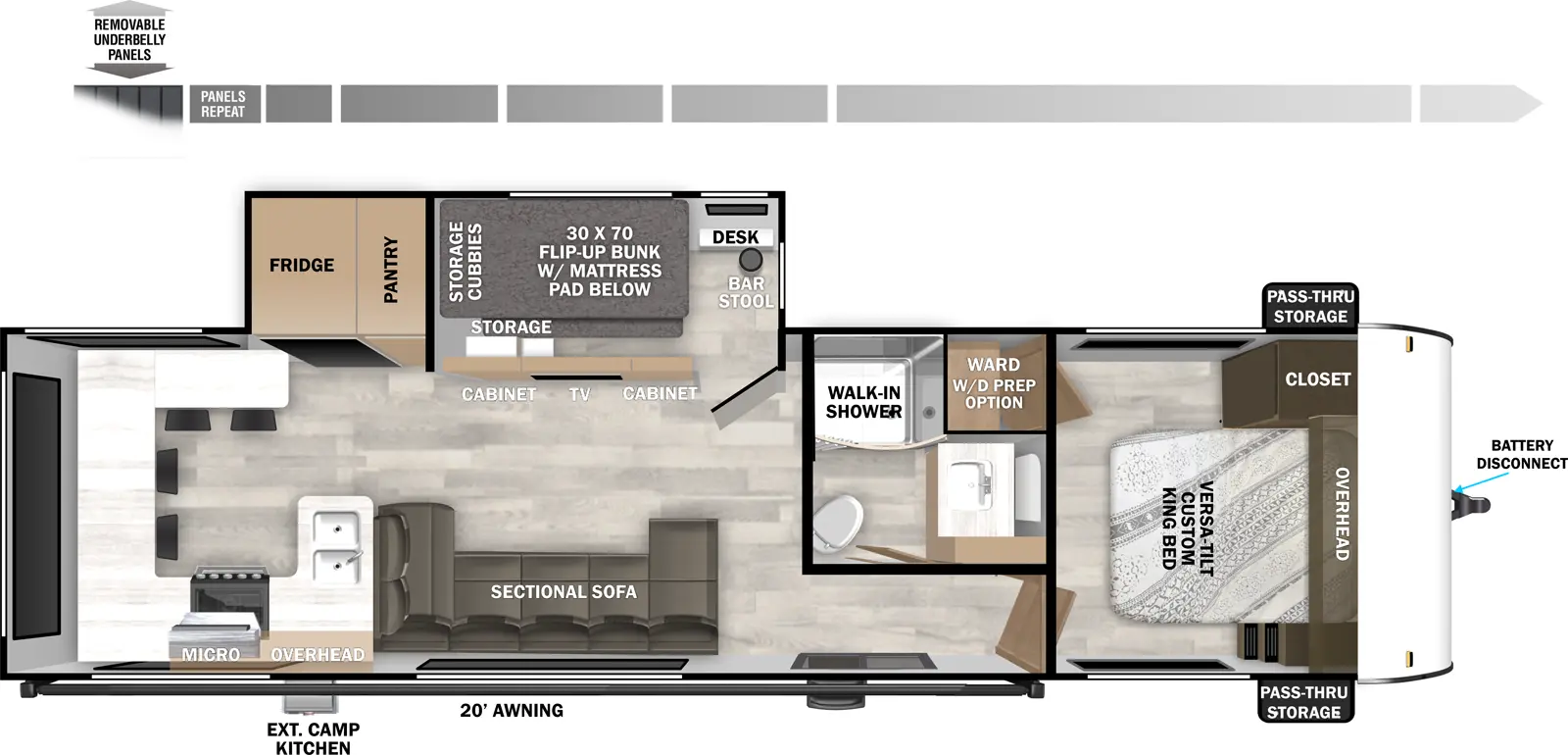 The Wildwood 29VIEW floorplan has one entry and one slide out. Exterior features include: fiberglass exterior, 20' awning and outside kitchen. Interiors features include: bunk beds, rear kitchen and front bedroom.